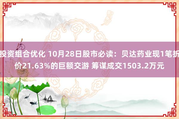 投资组合优化 10月28日股市必读：贝达药业现1笔折价21.63%的巨额交游 筹谋成交1503.2万元