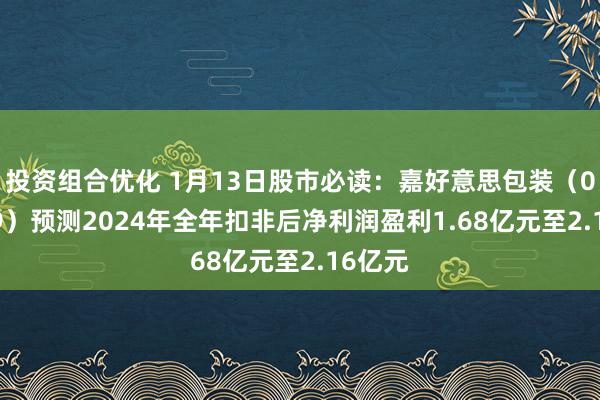 投资组合优化 1月13日股市必读：嘉好意思包装（002969）预测2024年全年扣非后净利润盈利1.68亿元至2.16亿元